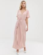 Vila Wrap Maxi Dress With Pleat Detail-pink