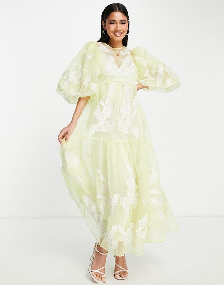 Asos Edition Smock Dress With Placement Applique Embroidery In Washed Lemon-yellow