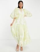 Asos Edition Smock Dress With Placement Applique Embroidery In Washed Lemon-yellow