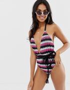Asos Design Chevron Knitted Belted Swimsuit In Multi Color