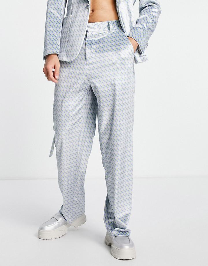 Asos Design Wide Suit Pants In Lilac Diamond Pattern-green
