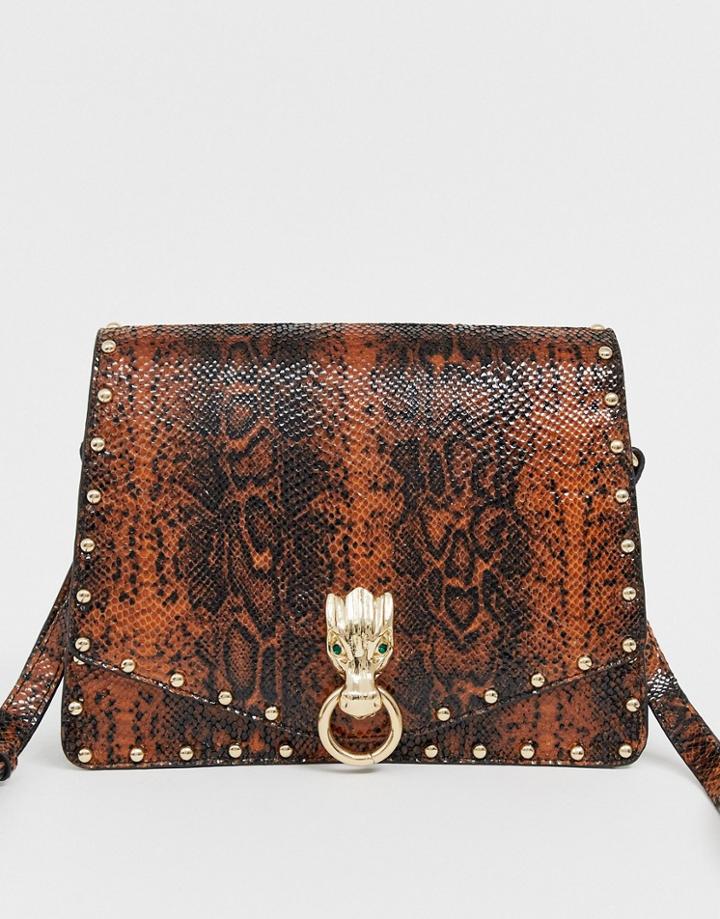 Asos Design Dragon Detail Satchel In Snake-brown
