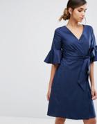 Closet Wrap Front Shirt Dress With Fluted Sleeve - Navy