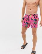 Asos Design Swim Shorts In Bright Retro Design In Short Length-pink