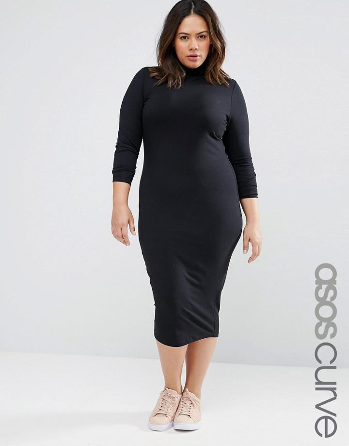 Asos Curve Long Sleeve Polo Midi Dress - Black