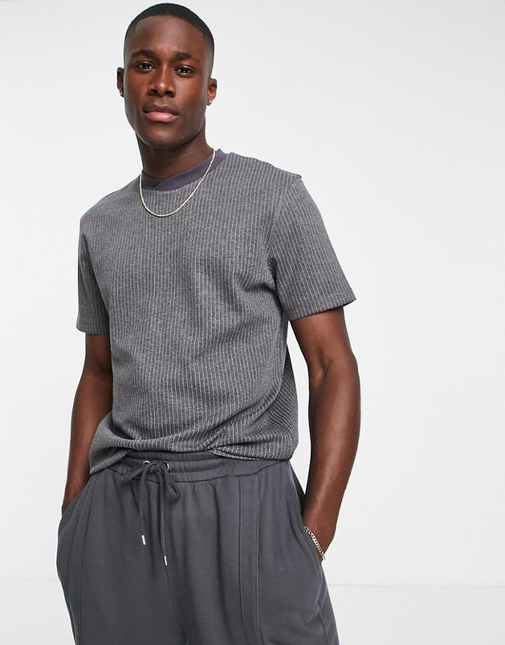 Asos Design T-shirt In Textured Smart Gray Stripe-grey