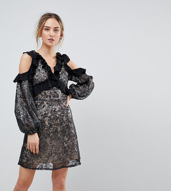 Dolly & Delicious Tall Allover Embroidered Cold Shoulder Skater Dress With Bell Sleeve-multi