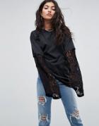 Asos T-shirt With Double Layer Lace Sleeve - Black