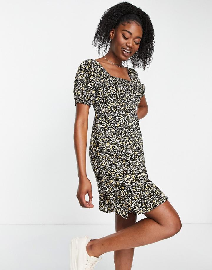 Pieces Tie Back Mini Dress In Black & Yellow Floral-multi