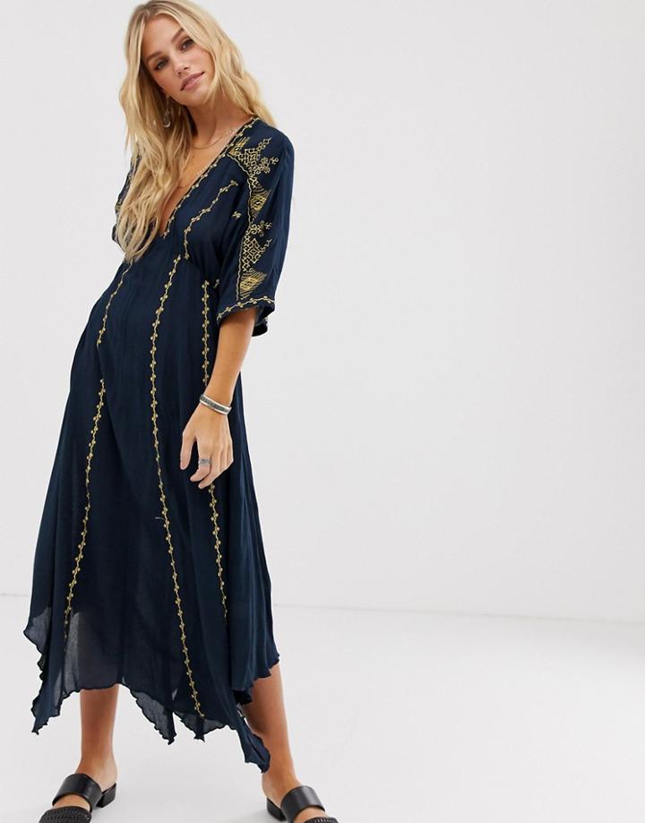 En Creme Plunge Front Maxi Dress With Embroidered Kimono Sleeves - Navy