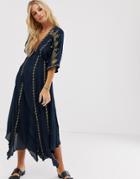 En Creme Plunge Front Maxi Dress With Embroidered Kimono Sleeves - Navy