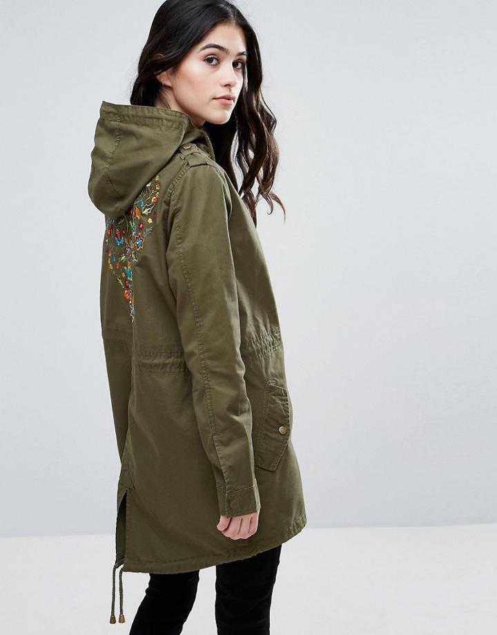 Brave Soul Embroidered Floral Parka - Green