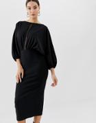 Asos Design Oversize Batwing Midi Pencil Dress With Ladder Trim-black