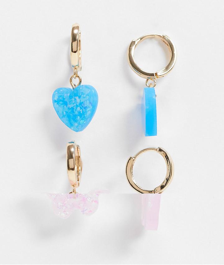 Asos Design Pack Of 2 Hoop Earrings With Heart And Butterfly Opal Charms In Gold Tone