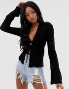 Asos Design Tie Waist Cardigan In Crochet Stitch - Black