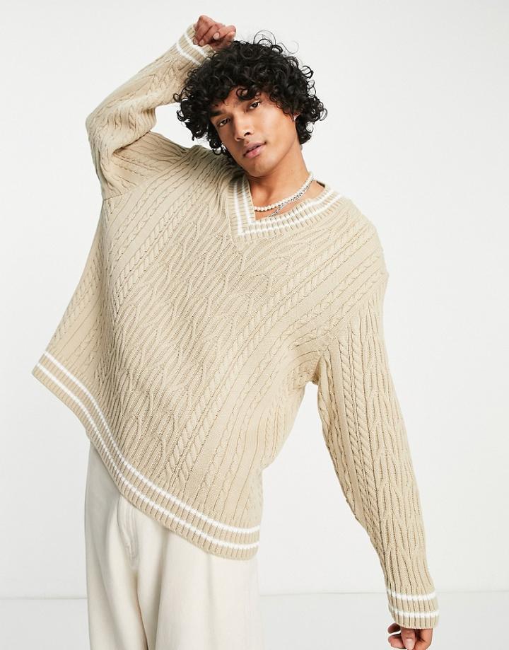 Asos Design Cable Knit Cricket Sweater In Oatmeal-neutral