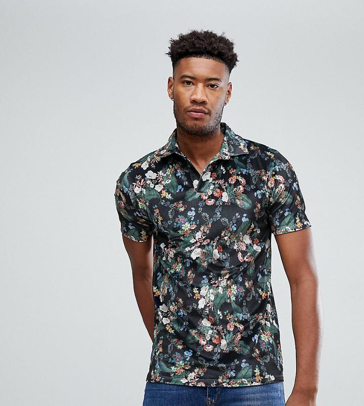 Asos Tall Polo With Revere Collar In Floral Velour - Black