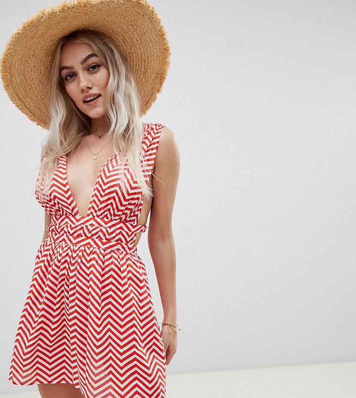 Asos Design Petite Red Chevron Print Grecian Beach Sundress-multi