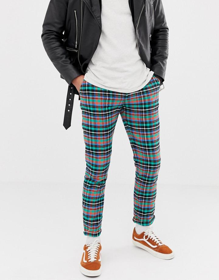 Asos Design Slim Pants In Bright Check - Green