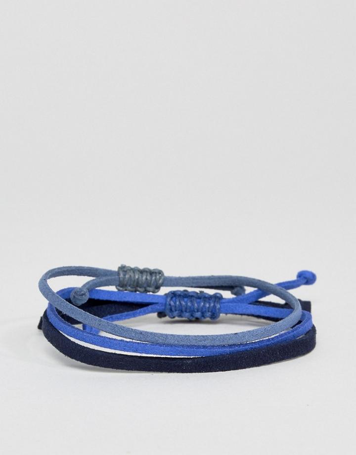 Asos Faux Leather Bracelet Pack In Blue - Blue