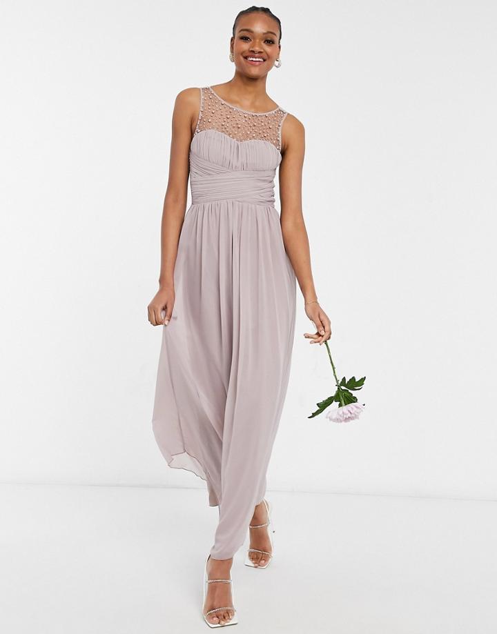 Little Mistress Bridesmaid Chiffon Maxi Dress With Pearl Embellishment In Mink-pink