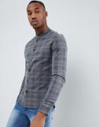 Asos Design Skinny Fit Denim Check Shirt With Grandad Collar-gray