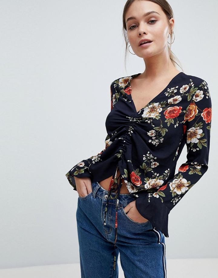 Prettylittlething Floral Ruched Long Sleeve Top - Multi
