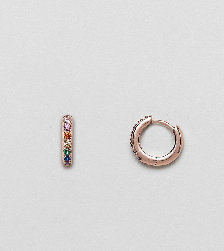Orelia Rose Gold Plated Rainbow Pave Huggie Hoop Earrings - Multi