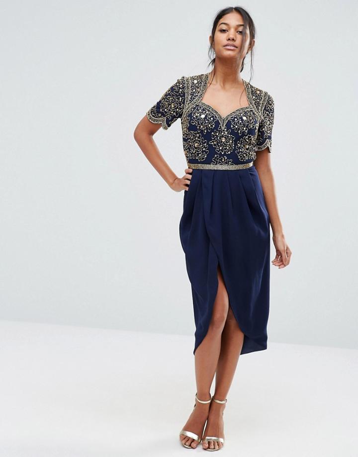 Virgos Lounge Embellished Midi Dress With Ruched Tulip Skirt - Navy