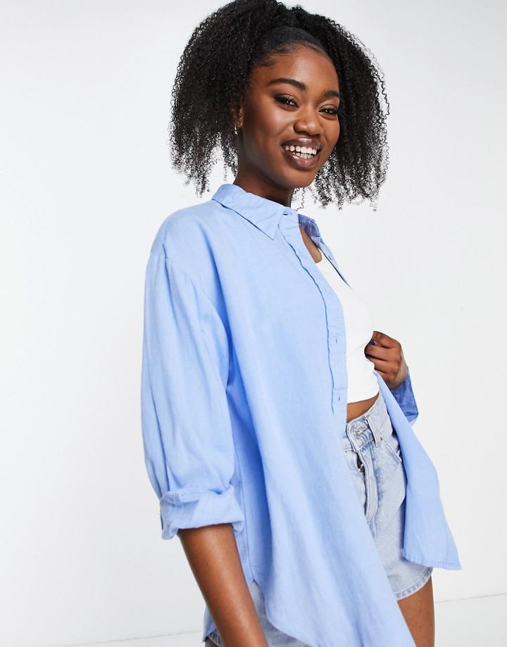 Stradivarius Oversized Linen Shirt In Blue