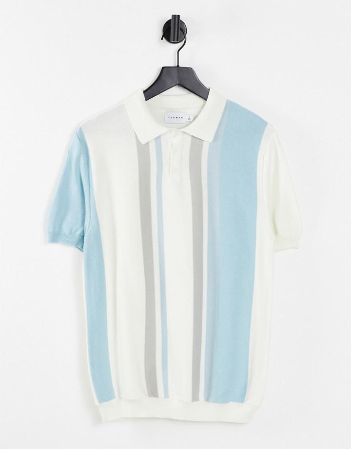 Topman Knit Stripe Polo In White And Blue