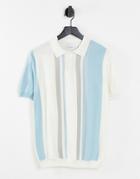 Topman Knit Stripe Polo In White And Blue
