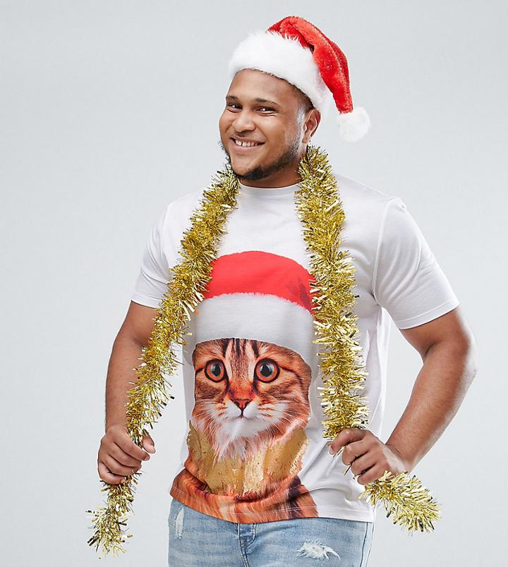 Asos Plus Holidays Longline T-shirt With Cat Print & Glitter Effect - White