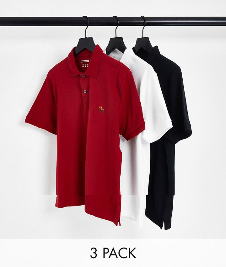 Abercrombie & Fitch 3 Pack 3d Icon Logo Slim Fit Pique Polo In Black/white/red-multi