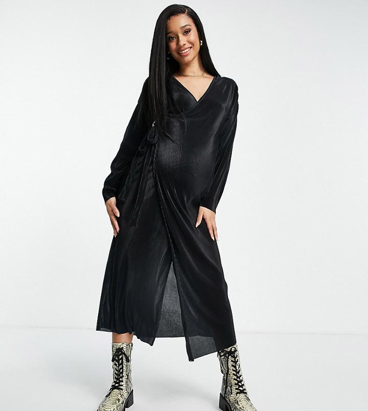 Topshop Maternity Plisse Wrap Midi Dress In Black