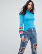 Asos Sweater In Rib With Roll Neck And Stripe Fluted Sleeves - Multi