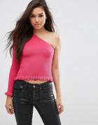 Asos One Shoulder Sweater In Rib With Ruffle Hem-pink