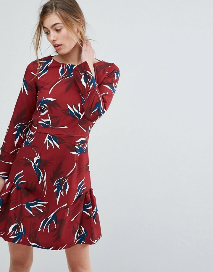 Closet Fluted Hem Skater Dress In Leaf Floral - Multi