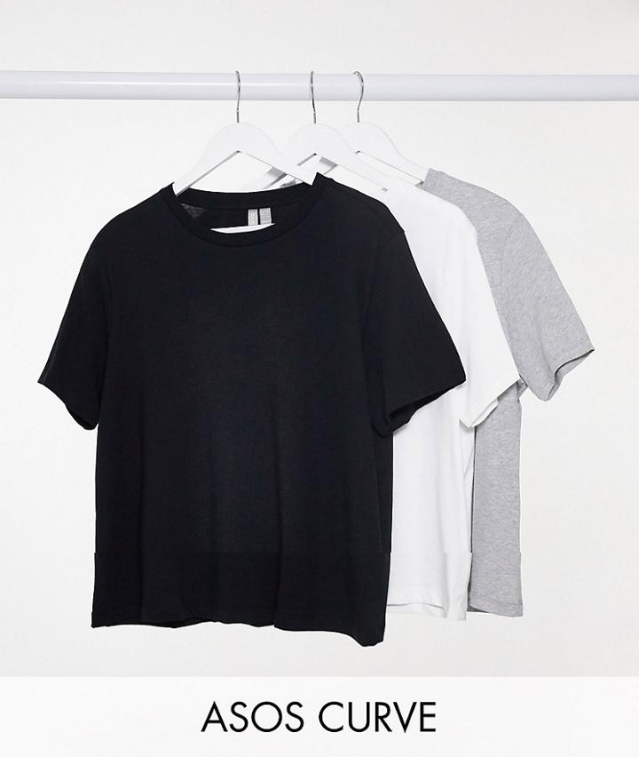 Asos Design Curve Ultimate Cotton T-shirt With Crew Neck 3 Pack Save In Black, White & Heather Gray - Multi