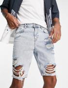 Asos Design Slim Denim Shorts In Light Blue Wash With Heavy Rips