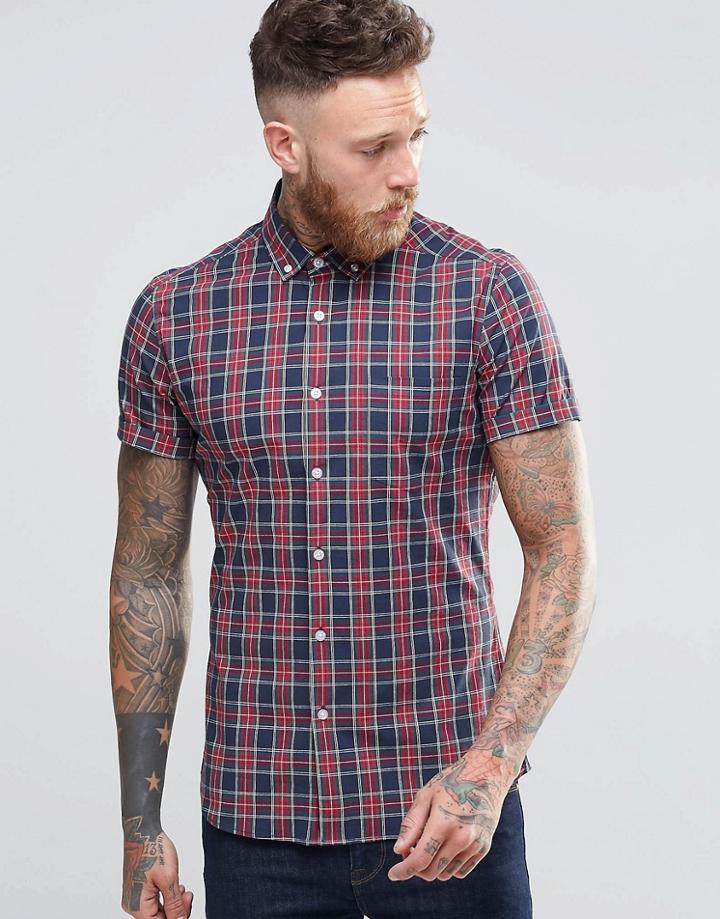 Asos Skinny Shirt With Plaid Check In Navy And Short Sleeve - Navy