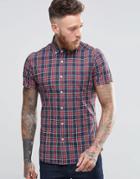 Asos Skinny Shirt With Plaid Check In Navy And Short Sleeve - Navy
