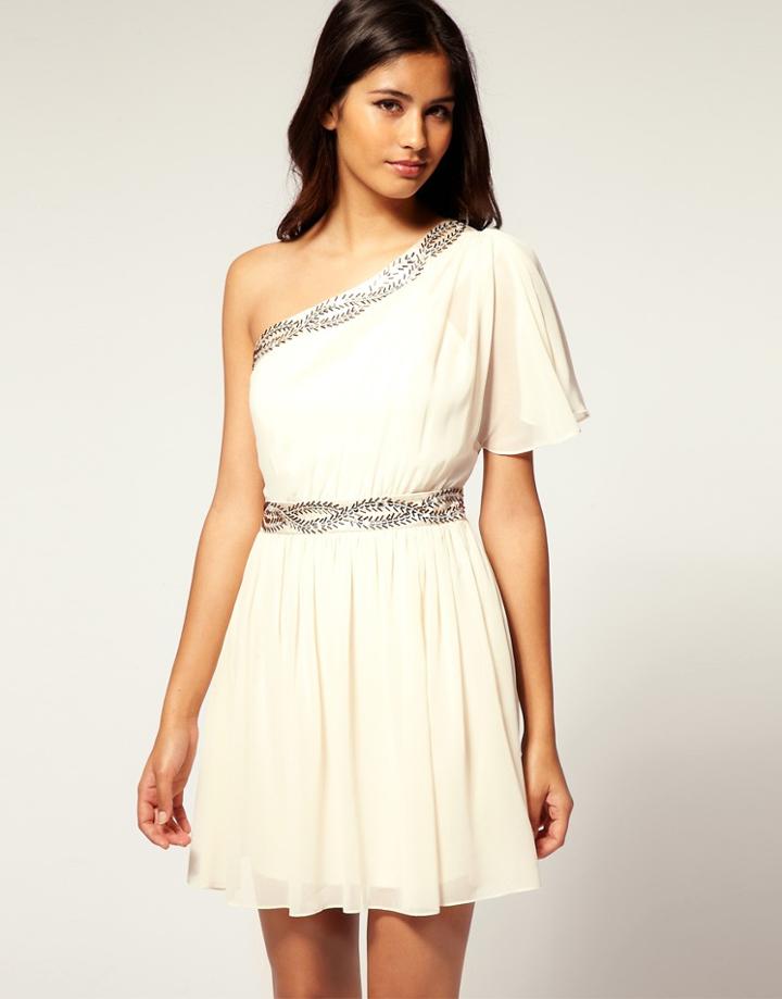 Lipsy Loves Pixie Lott Embellished Grecian One Shoulder Dress - Cream