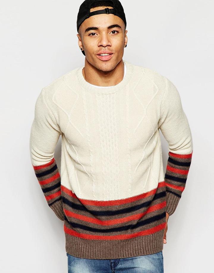 Brave Soul Block Cable Knit Sweater - Beige