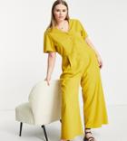 Asos Design Curve Short Sleeve Tea Culotte Jumpsuit In Mustard-green