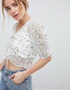 Asos Design Embroidered Ruched Front Crop Top With Cami - Cream