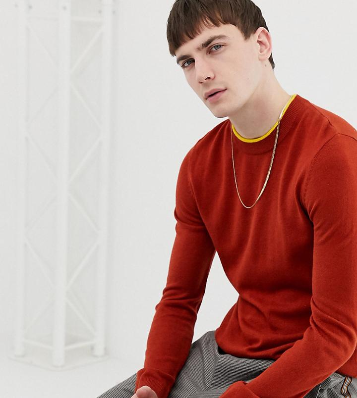 Collusion Muscle Fit Crew Neck Sweater In Rust With Mustard Tipping - Brown