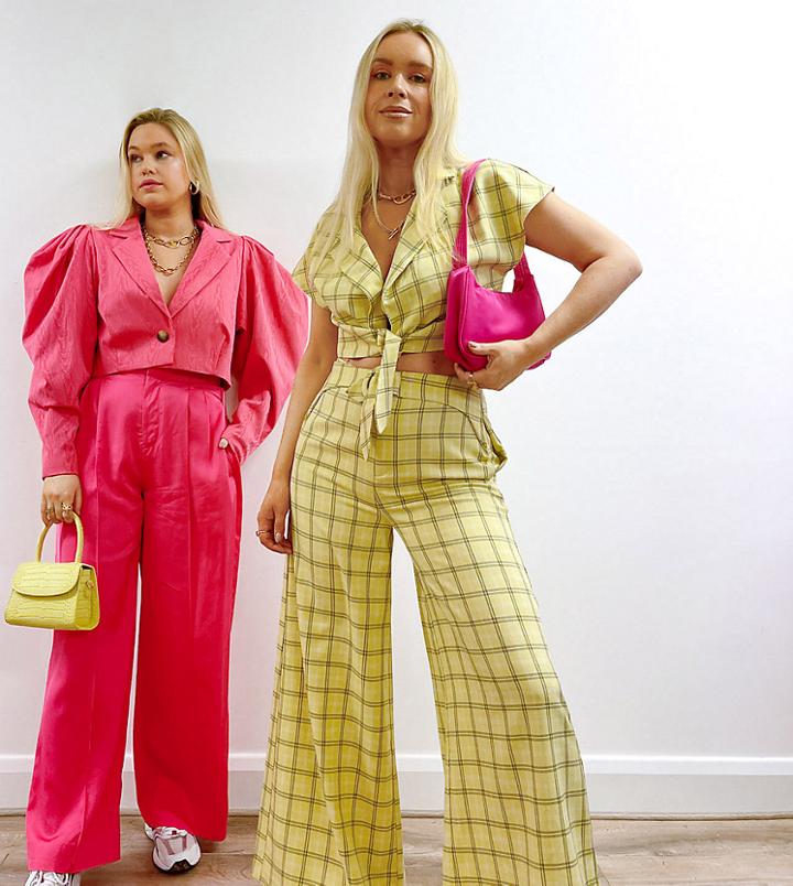 Labelrail X Olivia & Alice Belted Wide Leg Pants In Grid Check Set-yellow