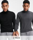 Asos Design 2 Pack Cotton Roll Neck Sweater In Black & Charcoal-multi