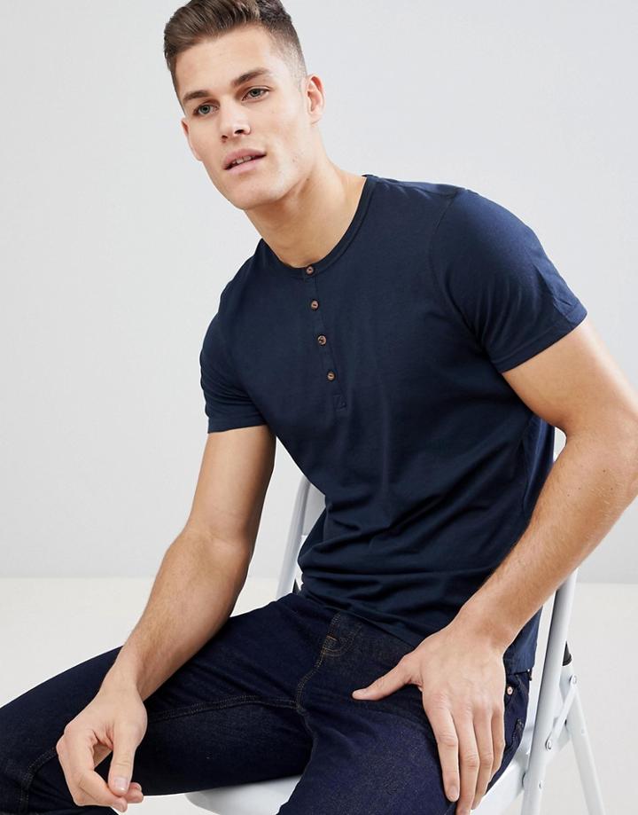 Brave Soul Contrast Placket Grandad Neck T-shirt - Navy